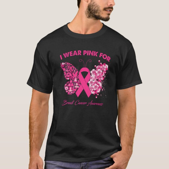 T-shirt Papillon Je Porte Le Rose Pour La Sensibilisation  (Devant)