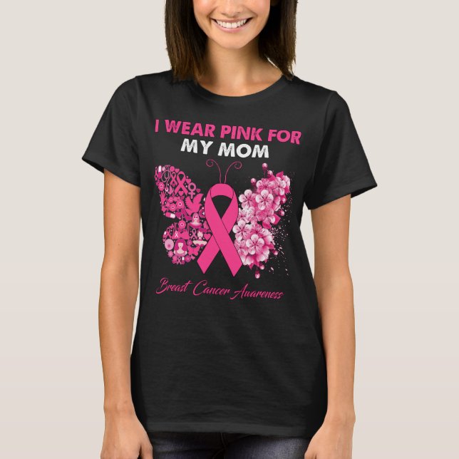 T-shirt Papillon Je Porte Le Rose Pour Ma Mère Cancer Du S (Devant)