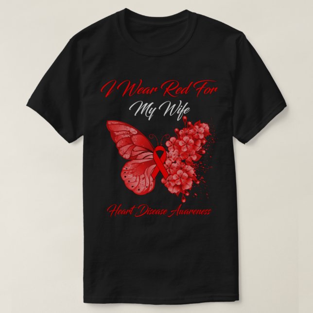 T-shirt Papillon Je Porte Le Rouge Pour Ma Femme Maladie C (Design devant)