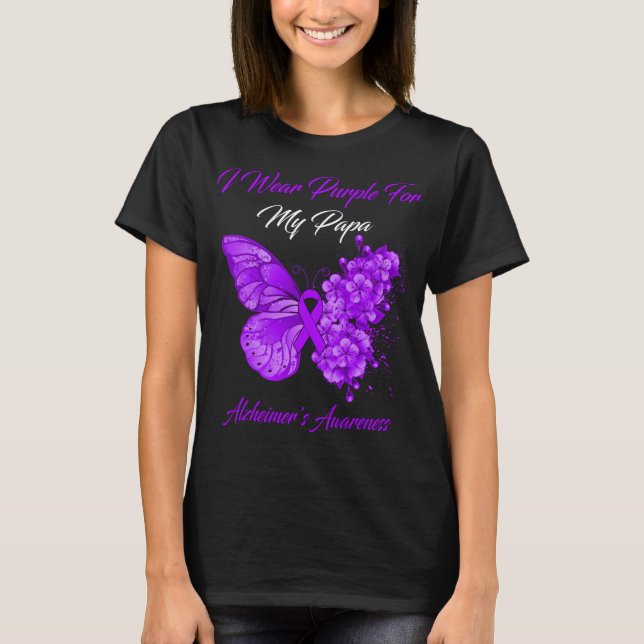 T-shirt Papillon Je porte le violet pour mon Papa Alzheime (Devant)