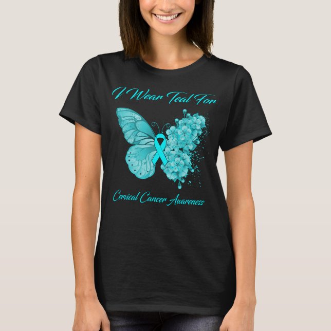 T-shirt Papillon Je Porte Turquoise Pour Le Cancer Du Col (Devant)