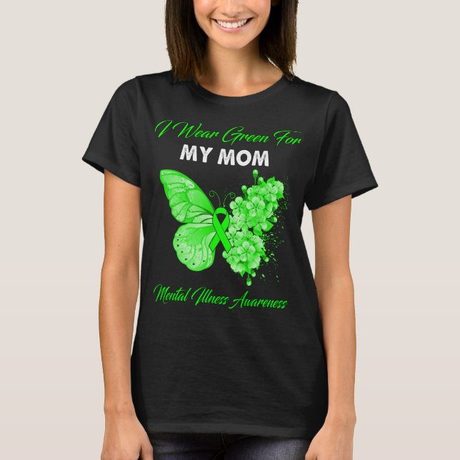 T-shirt Papillon Je Porte Vert Pour Ma Mère Maladie Mental (Devant)