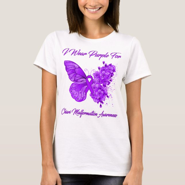 T-shirt Papillon Je Porte Violet Pour Malformation Chiari (Devant)