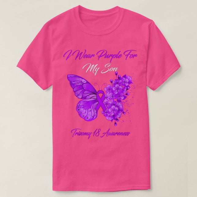 T-shirt Papillon Je Porte Violet Pour Mon Fils Trisomie 18 (Design devant)