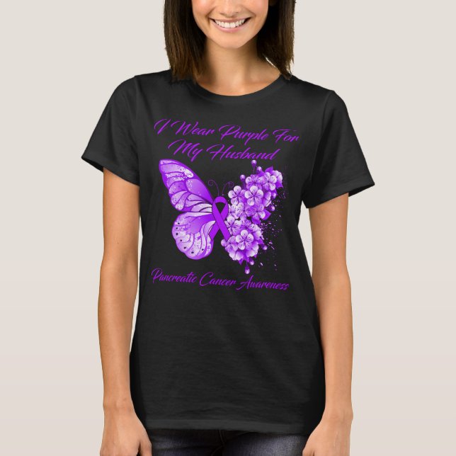 T-shirt Papillon Je Porte Violet Pour Mon Mari Pancréatiqu (Devant)