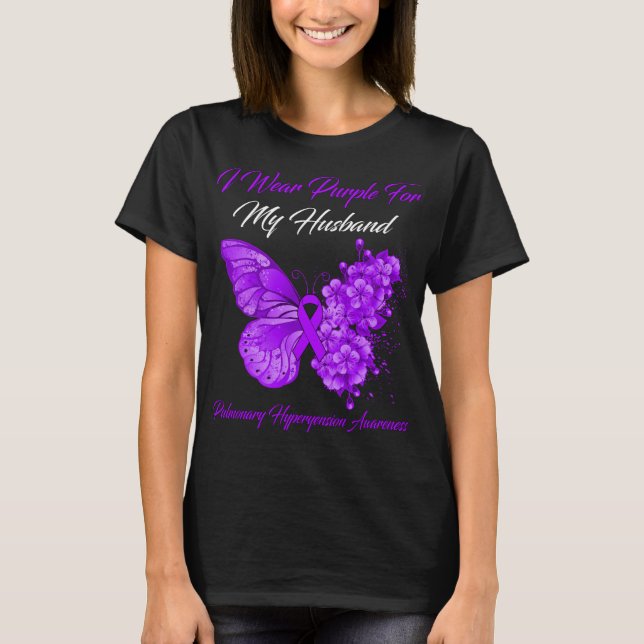 T-shirt Papillon Je Porte Violet Pour Mon Mari Pulmonaire (Devant)