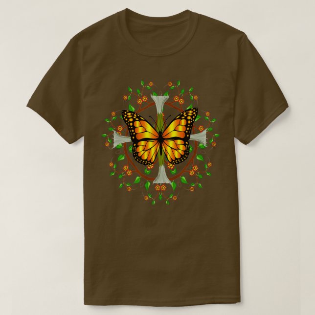 T-shirt Papillon Monarque Avec Datura Blooms Feuille Manda (Design devant)