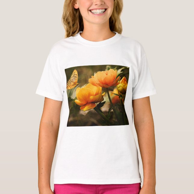 T-shirt Papillon orange et fleurs (Devant)