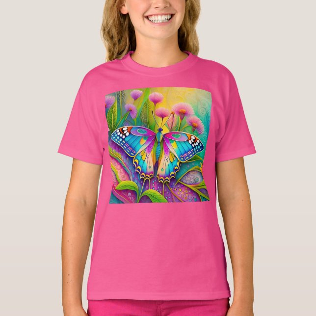 T-shirt Papillon psychédélique coloré et Fleur sauvage (Devant)