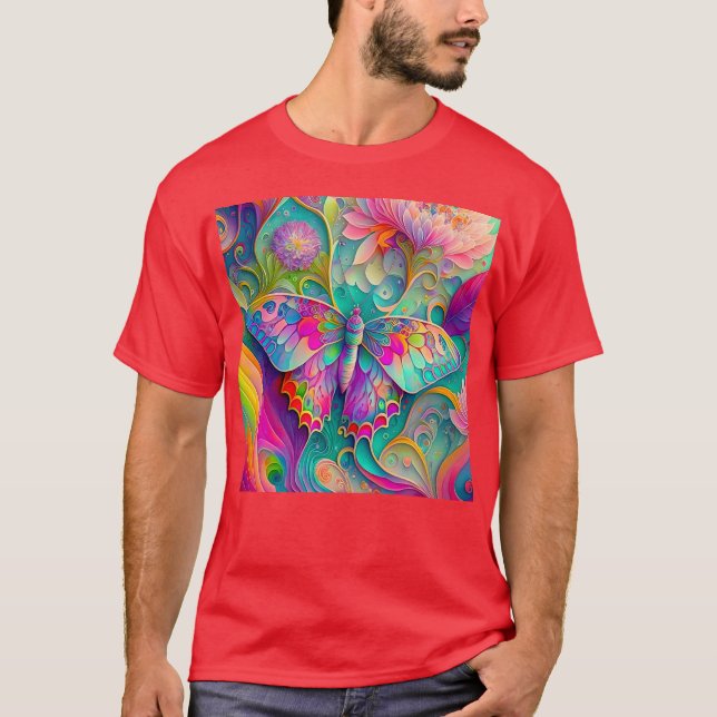 T-shirt Papillon psychédélique coloré et fleurs (Devant)