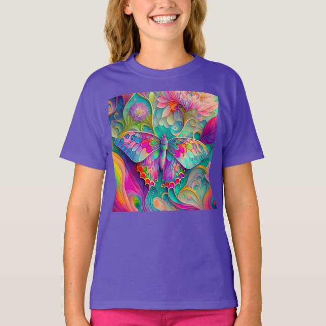 T-shirt Papillon psychédélique coloré et fleurs (Devant)