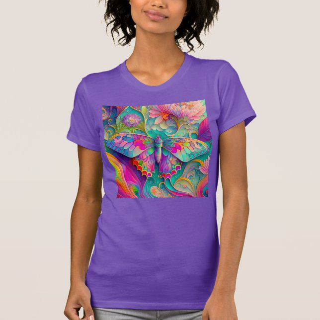 T-shirt Papillon psychédélique coloré et fleurs (Devant)