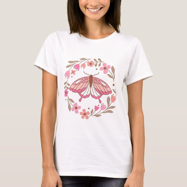 T-shirt Papillon rose boho et illustration de couronne flo (Devant)