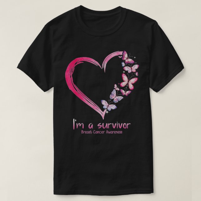 T-shirt Papillon rose Coeur Je Suis Un Survivant Cancer Du (Design devant)