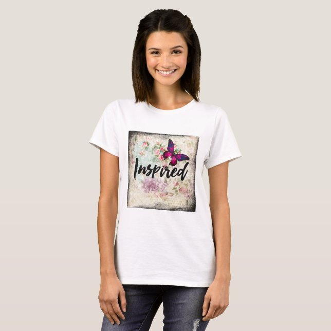 T-shirt Papillon rose inspiré et Roses Vintages de Shabby (Devant entier)