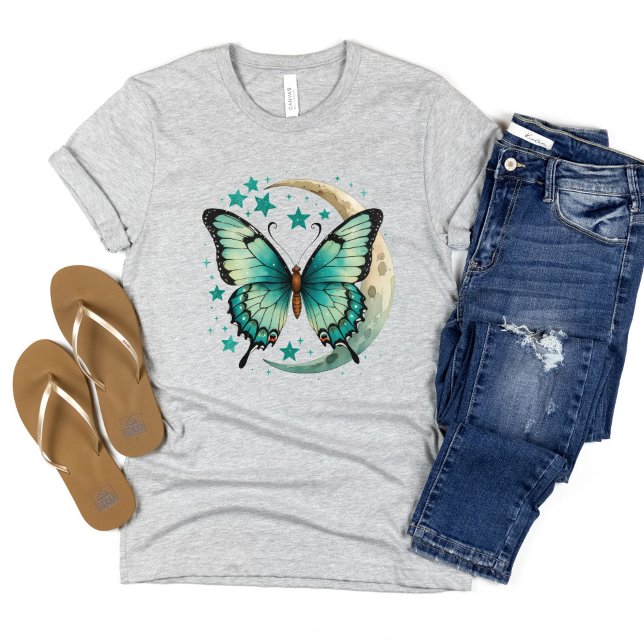 T-shirt Papillon sarcelle étoiles croissant de lune célest (Teal butterfly stars crescent moon boho celestial T-shirt for her)