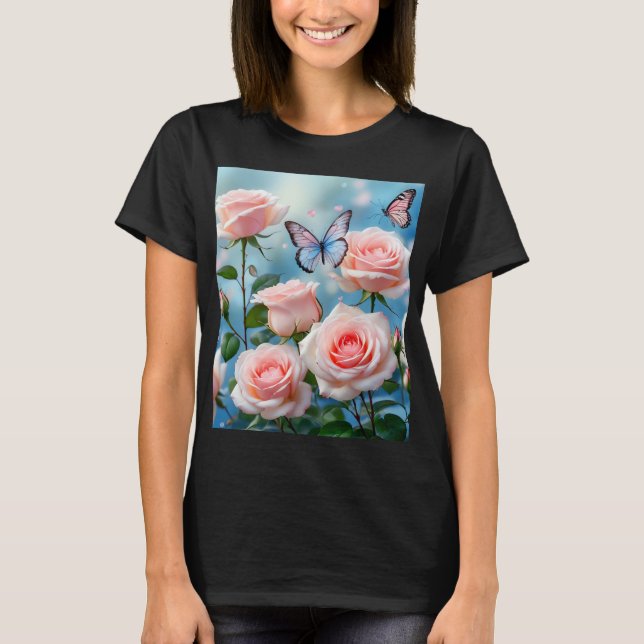 T-shirt Papillon Sur Fleur Rose (Devant)