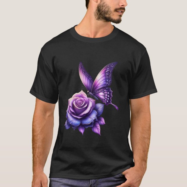T-shirt Papillon Sur Une Fleur De Rose De Couleur Violette (Devant)