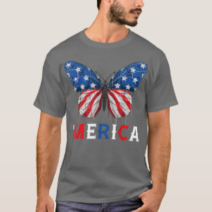 T-shirt Papillon USA Drapeau mignon 4 juillet rouge blanc