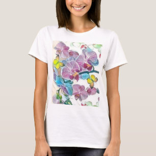 T-shirt Papillons aux fleurs d'orchidées roses aquarelle