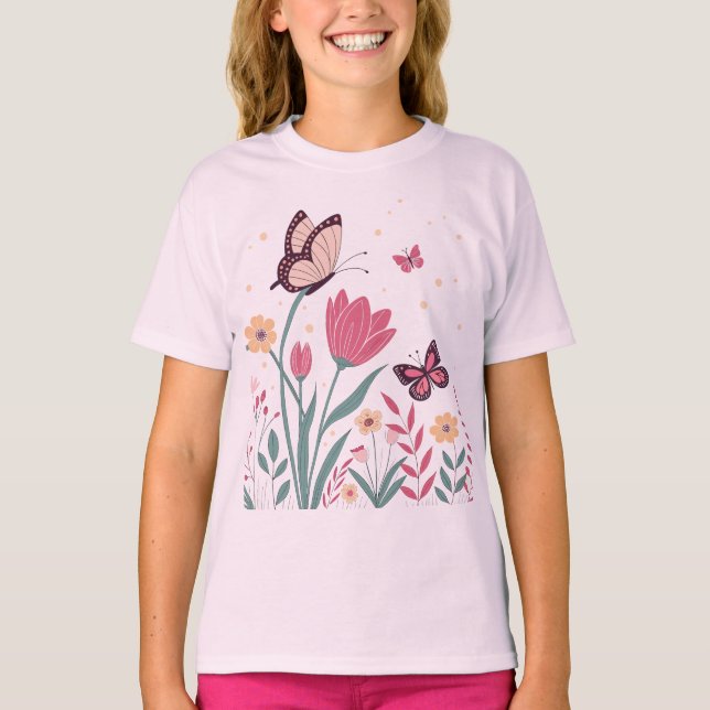 T-shirt Papillons aux tulipes roses et marguerites jaunes (Devant)