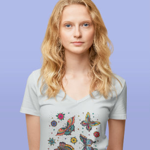 T-shirt Papillons Colorés Fleurs Été Col en V 