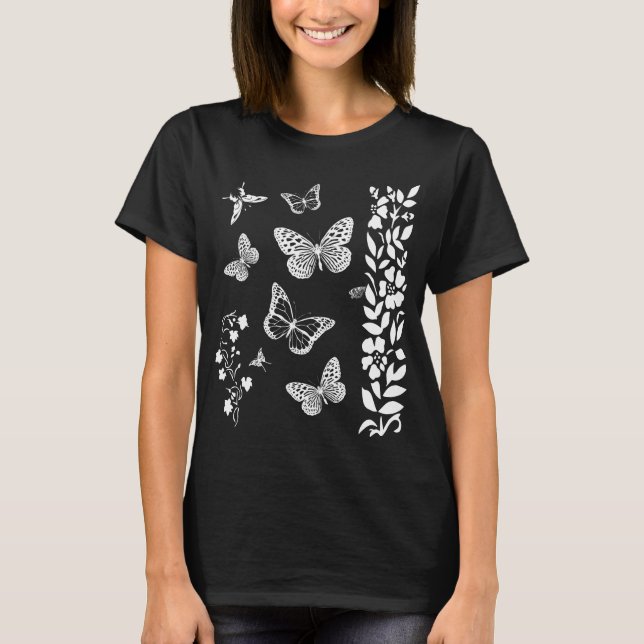 T-shirt Papillons dans le jardin élégant noir (Devant)