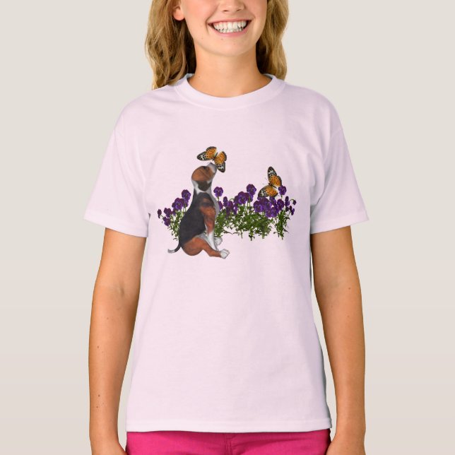 T-shirt Papillons de beagle Fleurs Chien mignon (Devant)