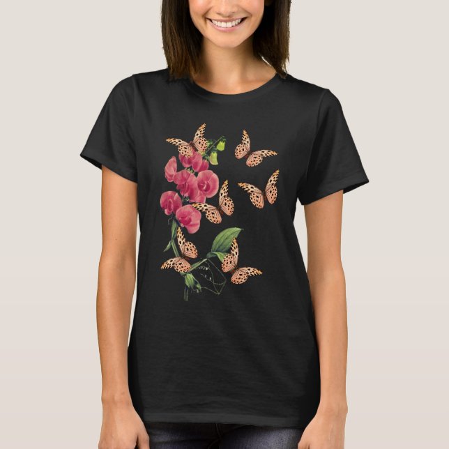 T-shirt Papillons Et Fleur De Pois Doux Noir (Devant)