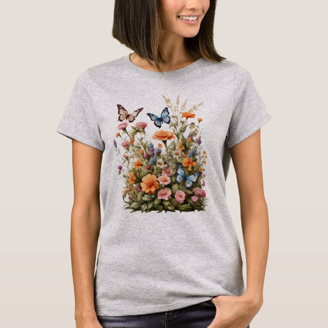 T-shirt Papillons fleur sauvage Fleur Jardin Aquarelle (Devant)