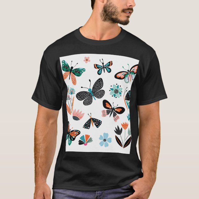 T-shirt Papillons Fleurs : Collection Dessinée à la main (Devant)