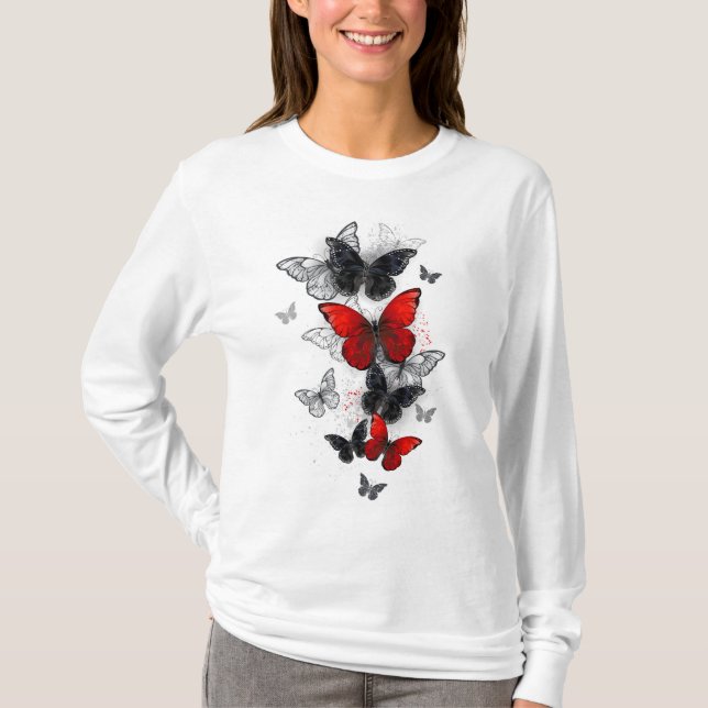 T-shirt Papillons noirs et rouges volants (Devant)