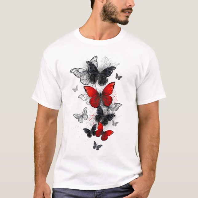 T-shirt Papillons noirs et rouges volants (Devant)