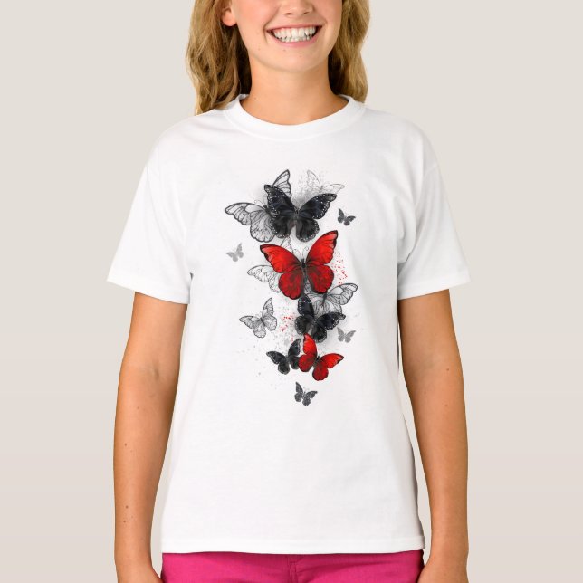 T-shirt Papillons noirs et rouges volants (Devant)
