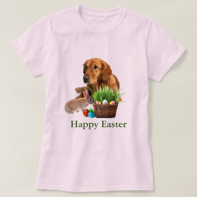 T-shirt Pâques Golden Retriever Chien et lapin rose (Design devant)