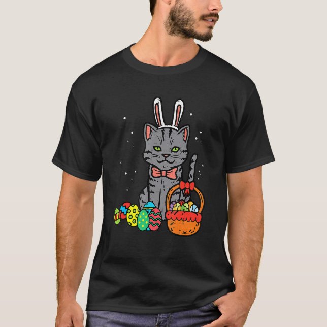 T-shirt Pâques Jour Chat Noir Lapin OEufs de Pâques Panier (Devant)