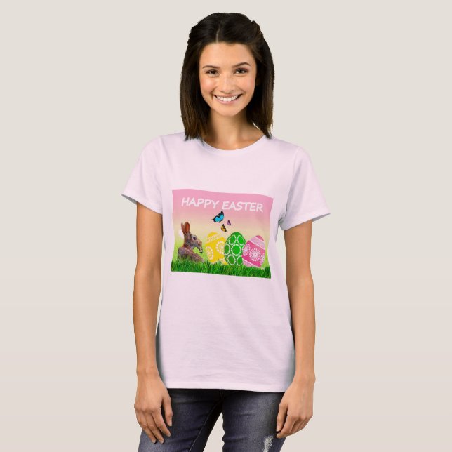 T-Shirt Pâques Joyeux Rose Clair (Devant entier)