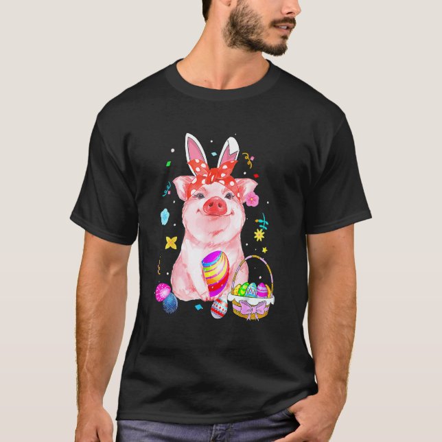T-shirt Pâques Lapin Printemps Cochon Bow Oeufs Chasse Pan (Devant)
