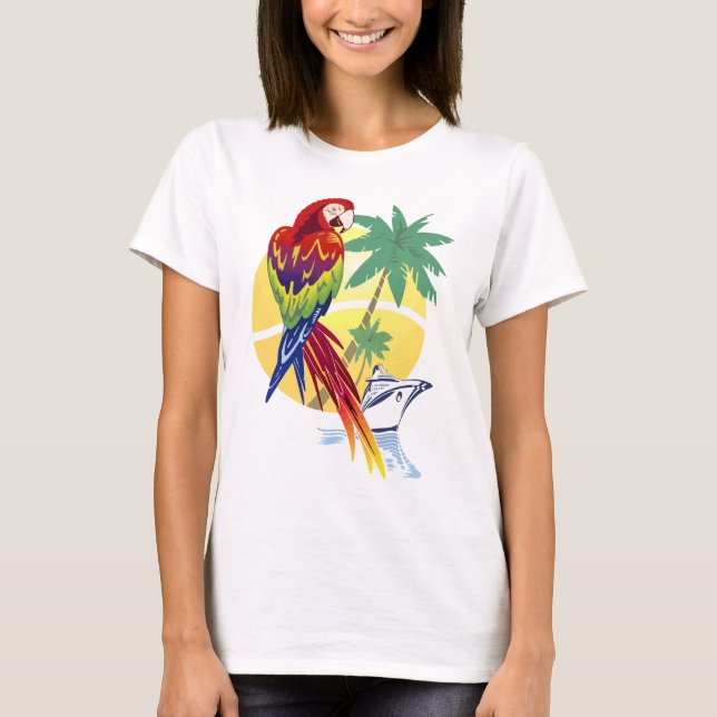 T-shirt Paradis tropical avec le bateau de croisière d'ara (Devant)