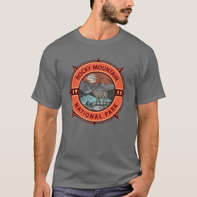 T-shirt Parc national des Rocheuses Elk Retro Compass (Devant)