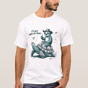 T-shirt Paresseux à Cheval sur une Tortue Humour Je M'y Me
