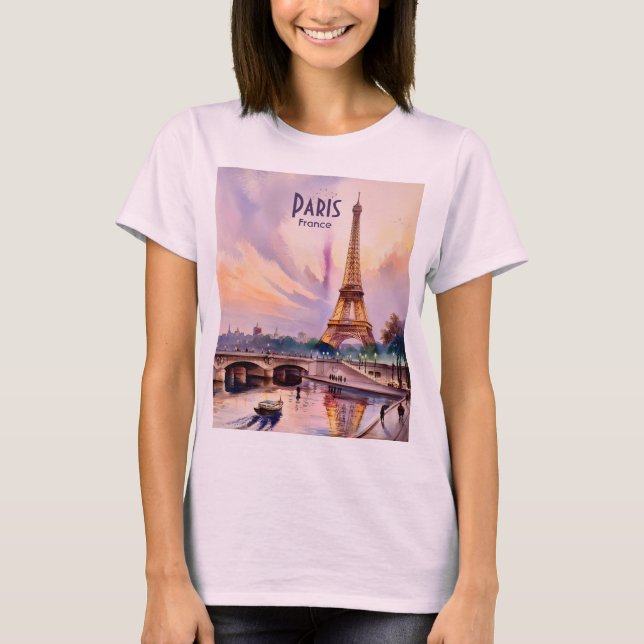 T-shirt Paris Eiffel Tower Travel Watercolor Custom Text (Devant)