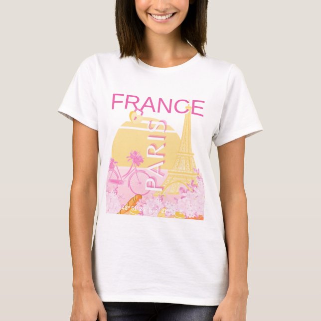 T-shirt Paris, France, Travel Art, Preppy, Rose (Devant)