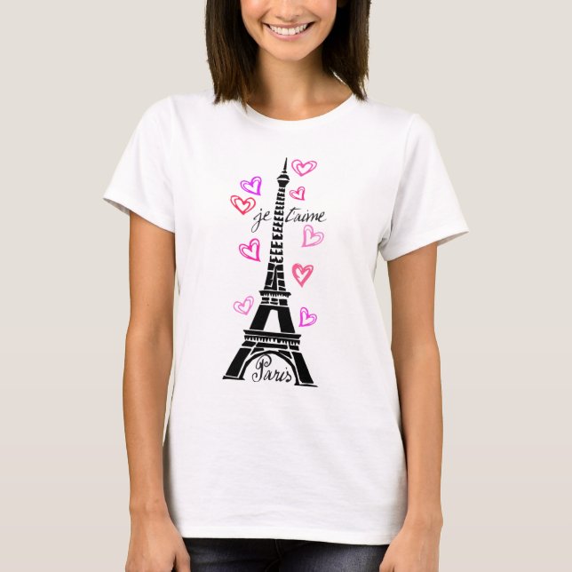 T-SHIRT PARIS JE T'AIME EIFFEL ET COEURS ROSES (Devant)