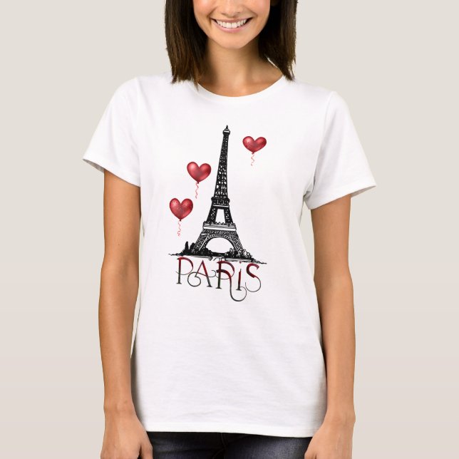 T-shirt Paris, Tour Eiffel et Ballons du Coeur Rouge (Devant)