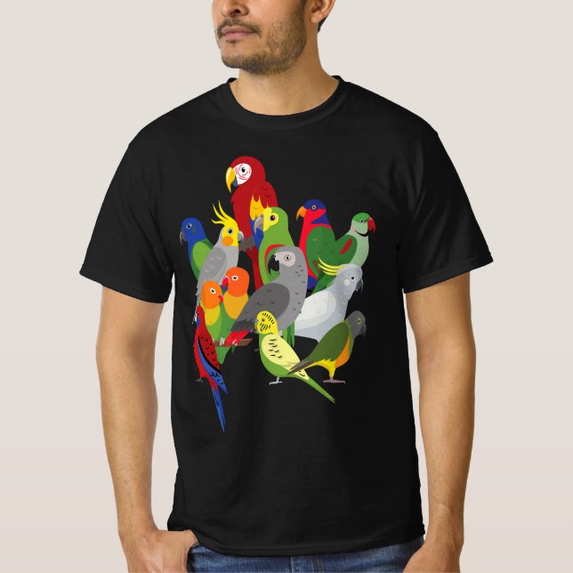 T-shirt Parrot Flock - Macaw, Cockatoo, African Grey, & Bu (Devant)