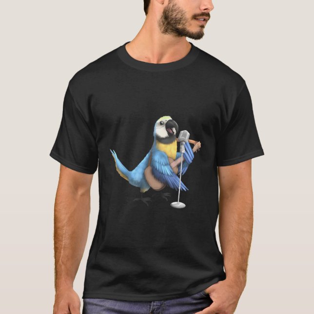 T-shirt Parrot Macaw Bleu Et Jaune Chantant Guitare (Devant)