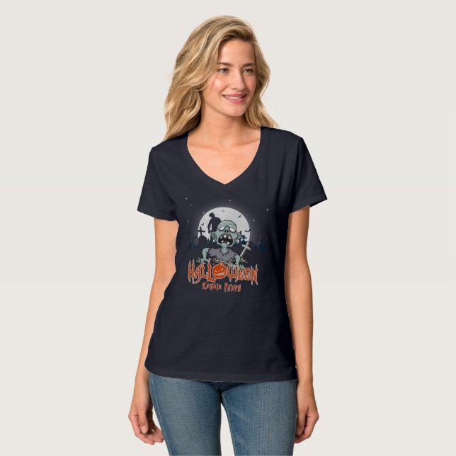 T-shirt Parti Zombie d'Halloween | Cou-V pour femmes (Devant entier)