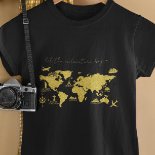 T-shirt Parties scintillant d'or Carte du monde sur Black 