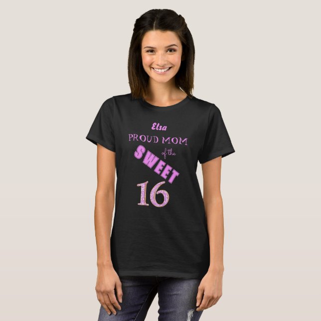 T-shirt Parties scintillant rose douce 16 Fier maman Anniv (Devant entier)